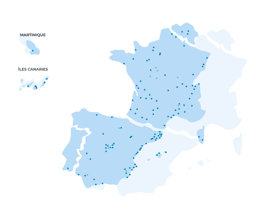 Carte Europe avec les magasins Piscines HydroSud